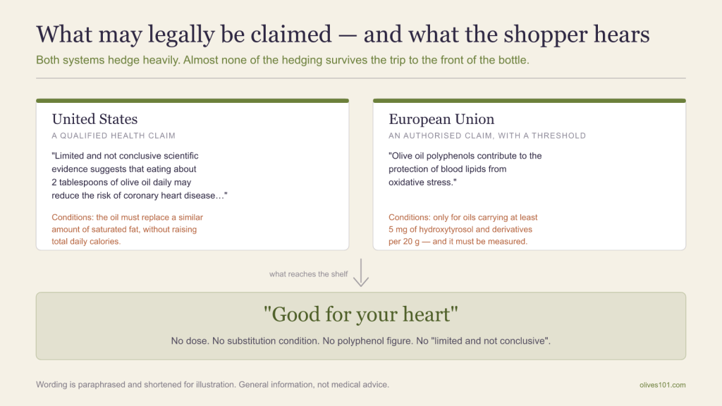 Diagram comparing the carefully hedged wording of US and EU olive oil health claims with the short slogan that actually reaches the shelf.