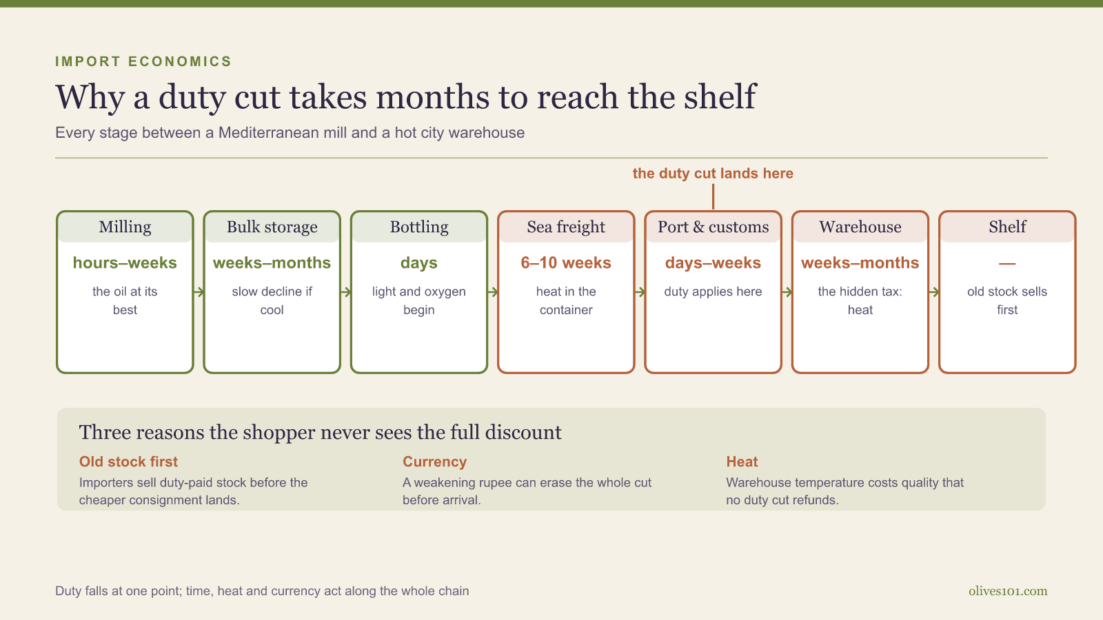 Diagram of the seven stages between mill and shelf with typical durations, showing the duty cut applying only at port and customs.