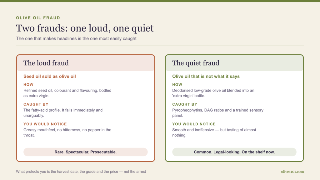 Two panels comparing the loud fraud — seed oil sold as olive oil — with the quiet fraud — deodorised low-grade oil sold as extra virgin.