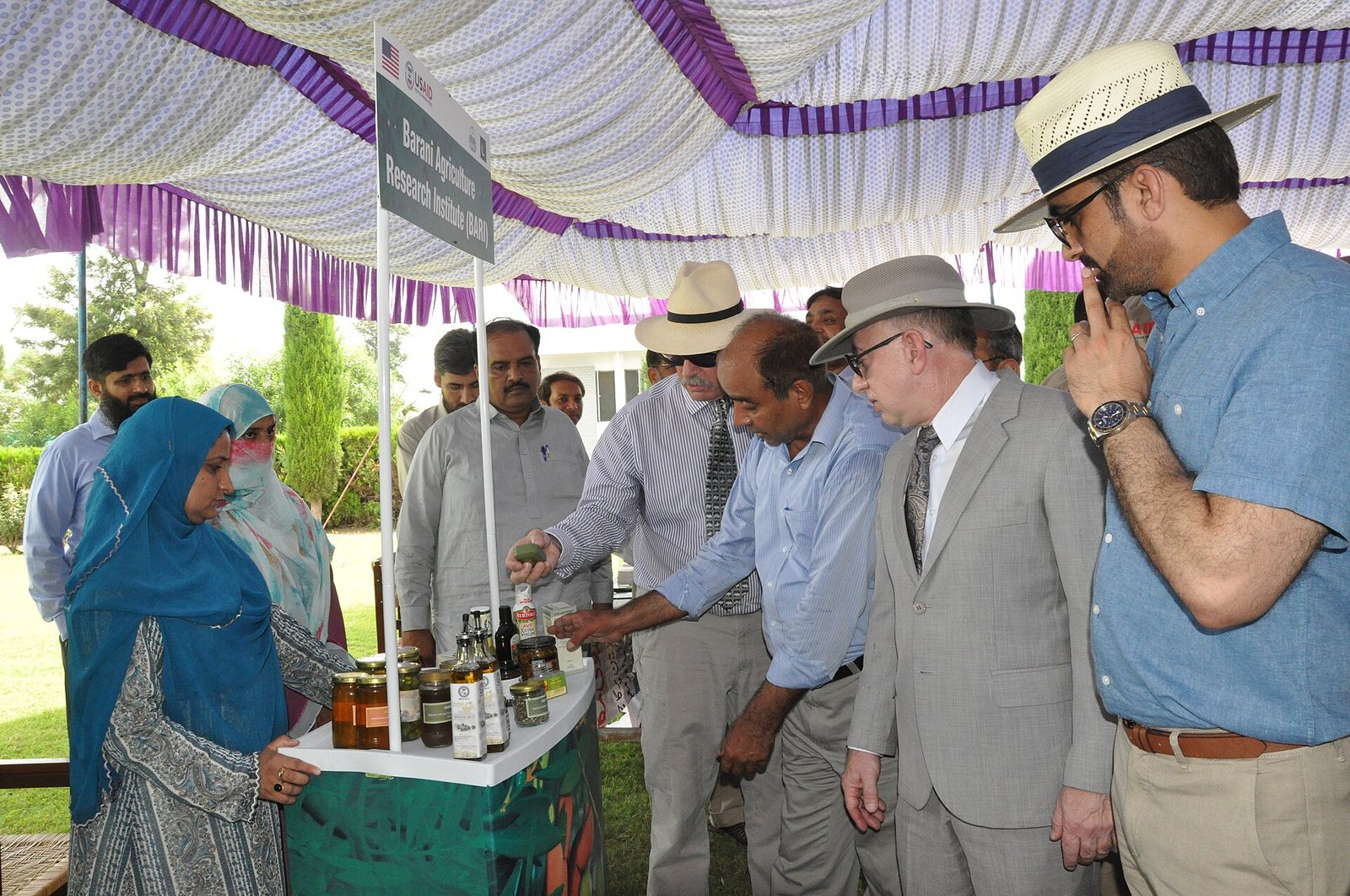 Officials at an outdoor stand inspecting jars of olives and bottles of olive oil at a Pakistani olive-sector event under a decorated marquee.