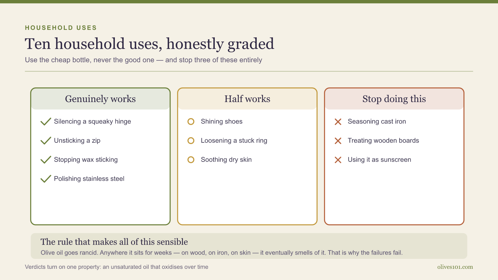 Three columns grading ten household uses of olive oil as genuinely works, half works, or stop doing this.