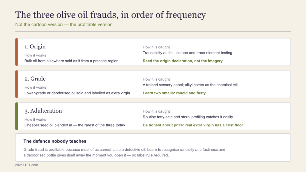 Figure ranking the three olive oil frauds — origin, grade and adulteration — with how each is caught and what protects a buyer.