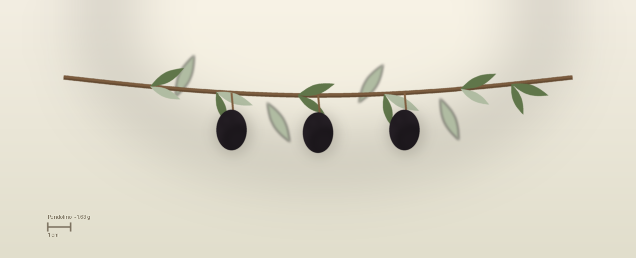 Drawing of Pendolino olives to scale, about 1.63 grams, asymmetric ovoid, black at harvest.